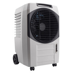 White portable evaporative cooler with black fan grille and wheels isolated on a transparent background