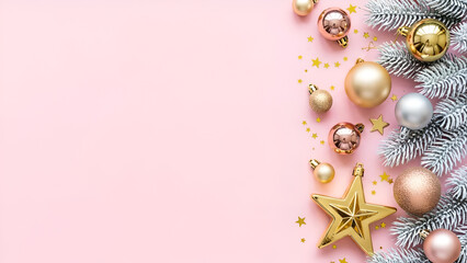 Elegant Christmas Border with Gold and Pink Ornaments on Light Pink Background