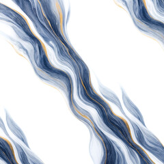 Abstract luxury background with flowing blue watercolor waves and golden lines on white. Modern fluid art marble texture for wedding invitation, minimalist packaging, or elegant design template with c