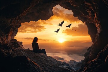 A woman sits on a rock at sunset, gazing out at the ocean with a sense of wonder and awe.