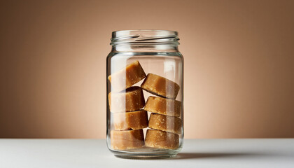 A clear glass jar filled with neatly stacked cubes of palm sugar sits on a clean white surface against a warm brown background.