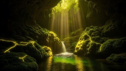 Sunlight streams into a mystical cave with a waterfall and glowing green moss.