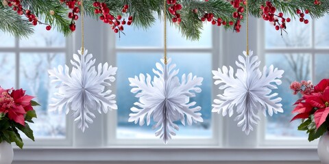 Christmas holiday window decorating with paper snowflakes