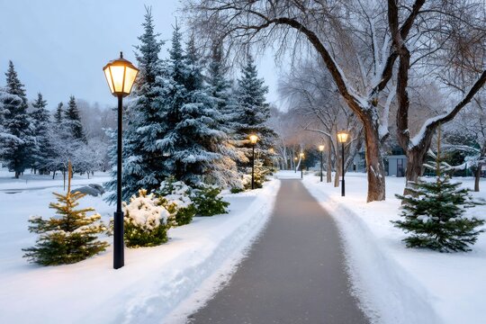 Winter park path with lighted lampposts and snowy trees