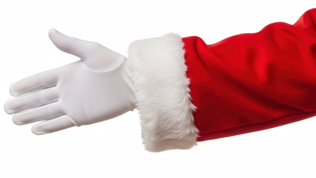 A santa claus arm extending outward with a white glove and a red and white sleeve visible on transparent background