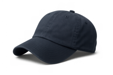 Dark blue casual baseball cap product mockup, front angle showing curved brim on transparent background
