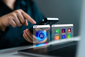 Business person using smartphone with AI generation social media, artificial intelligence tools, generative technology, smart automation, digital content creation and innovation in modern business.