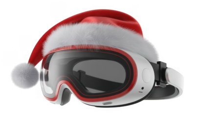 White ski goggles with red trim wearing a Santa hat isolated on a transparent background