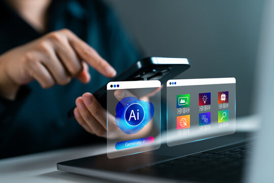 Business person using smartphone with AI generation social media, artificial intelligence tools, generative technology, smart automation, digital content creation and innovation in modern business.
