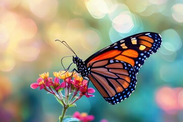 Obraz premium A monarch butterfly, with its vibrant orange and black wings, is perched on a pink flower in a garden, surrounded by lush green foliage and a soft, warm light.