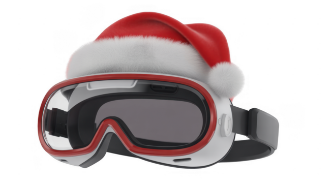 White ski goggles with red trim wearing a Santa hat isolated on a transparent background 1