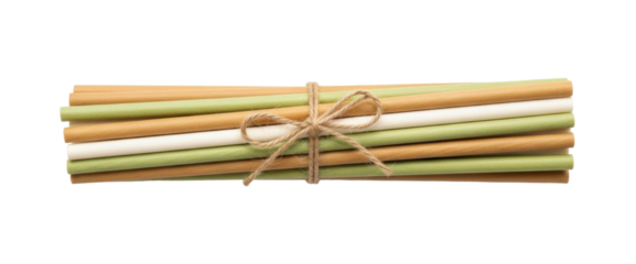 A bundle of colorful straws tied together with twine, ready for use.
