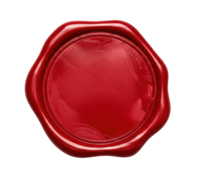 Close-up of a vibrant red wax seal, circular with a decorative edge, isolated on white.