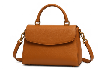 Brown leather handbag with top handle and removable shoulder strap, stylish fashion accessory on transparent background