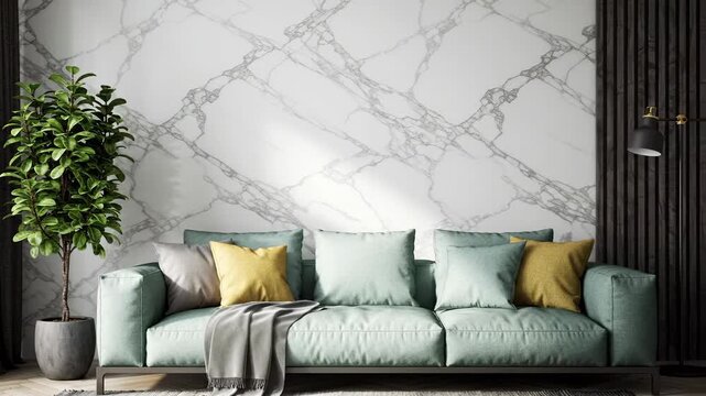 Modern living room sofa with plant and marble wall background