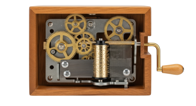 Close-up view of a wooden music box with visible gears and a hand crank.