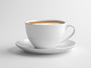 Obraz premium Ceramic coffee cup with latte art on saucer, clean white background, subtle shadows