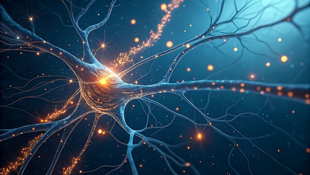 Abstract digital illustration of a neuron cell body with glowing synapses and electrical impulses transmitting information in a dark blue, futuristic biological network setting