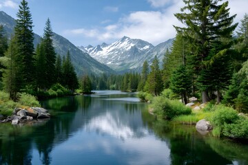 Mountain lake reflecting forest and snowy peaks
