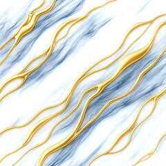 Seamless luxury white marble texture background with diagonal fluid blue waves and 3D metallic gold veins. Abstract liquid ink pattern for elegant wallpaper, textile fabric print, interior design, or 