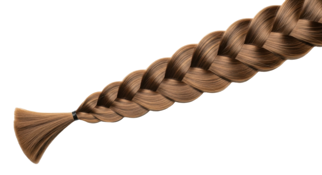 Close-up shot of a long, braided strand of light brown hair against a white background.