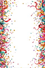 Colorful confetti and ribbons on white background for party invitation card