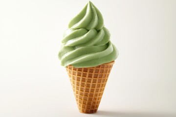 Green soft-serve ice cream in a waffle cone against a plain background
