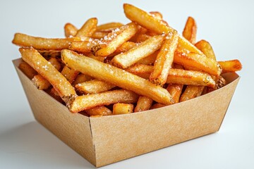 Golden fried potatoes in a brown cardboard tray, sprinkled with salt