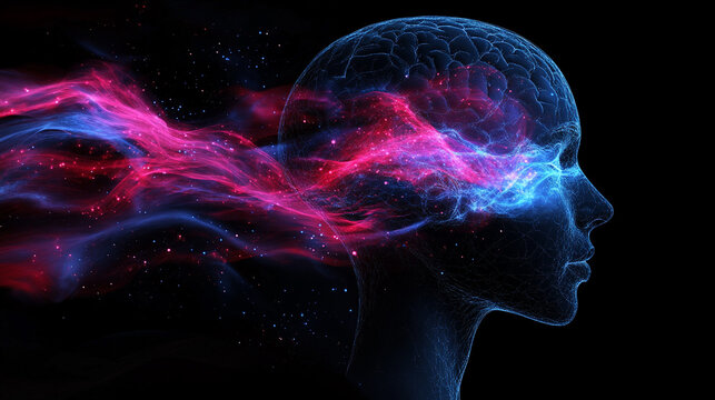 Abstract side profile of a human head with layered structures symbolizing the mind and consciousness, including neural connections, waves, molecules, and psychic energy patterns.