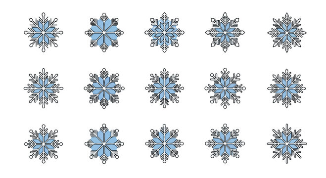 A stunning set of various intricate blue and silver snowflake illustrations, ideal for winter holiday season decorations, festive graphic design, and frosty seasonal projects, evoking the magic of ice