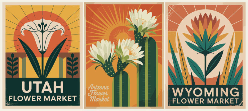 Set of three retro-style posters featuring Utah, Arizona, and Wyoming flower markets with geometric patterns, sunburst backgrounds, and decorative floral motifs
