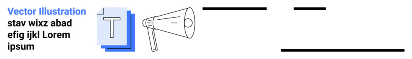 Communication, marketing, text editing, announcement, advertising, typography tools. A megaphone and text editing elements displayed. Communication and marketing conceptual design