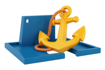 Yellow anchor with orange rope resting on a blue stand isolated on a transparent background