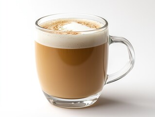 Obraz premium Latte in glass mug, creamy foam, and a sprinkle of powder, isolated on white