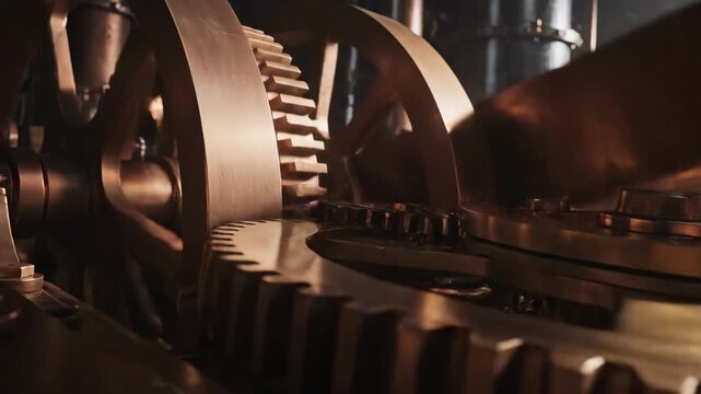 Intricate bronze gears interlock and spin within massive industrial machinery
