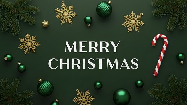 Festive merry christmas greeting surrounded by evergreen branches ornaments and golden snowflakes - Powered by Adobe