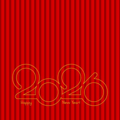 2026 happy new year yellow text on red seamless striped repetitive background. greeting card template. velvet design element for banner, invitation, sign, postcard, vignette, flyer. vector illustratio
