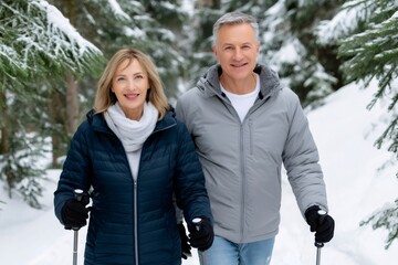 Senior couple enjoying nordic walking in winter forest