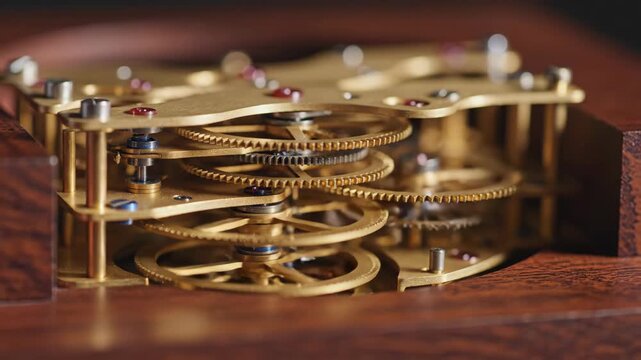 Intricate brass gears interlock within a complex clockwork mechanism showcasing detailed engineering