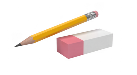 Yellow pencil with pink eraser and white rectangular eraser on black background isolated on a transparent background
