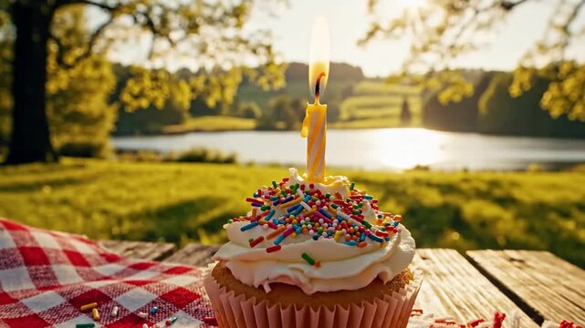 Single cupcake with burning candle on picnic table outdoors natural sunlight