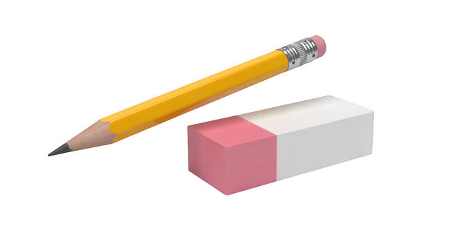 Yellow pencil with pink eraser and white rectangular eraser on black background isolated on a transparent background