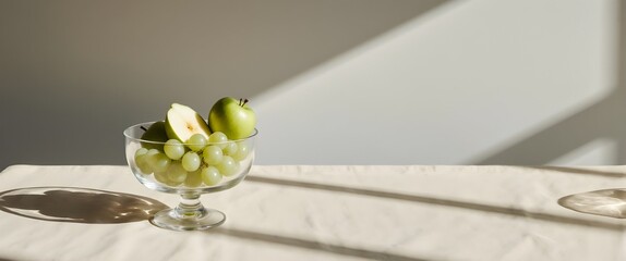 Crisp Green Grapes and Sliced Apple in Glass Bowl on Minimal Linen Tablecloth, Bathed in Natural Daylight