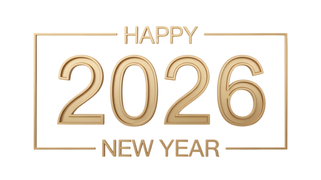 Happy new year greeting card with golden 2026 text on black background in a golden frame design