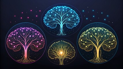 Four glowing digital trees shaped like brains, representing artificial intelligence, neural network, and the concept of knowledge growth in a dark technological space