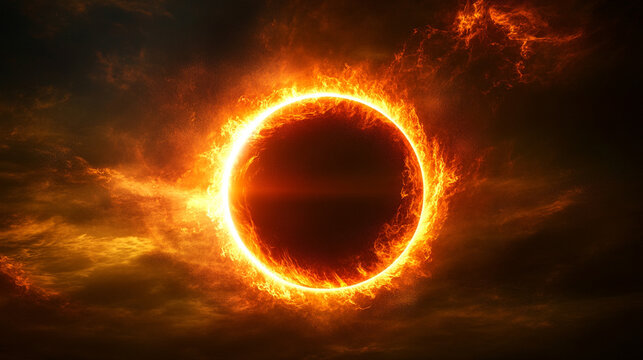 Abstract depiction of a total solar eclipse with a glowing ring of fire, vivid corona light and dark umbral shadow, animated against a deep black cosmic background. - Powered by Adobe