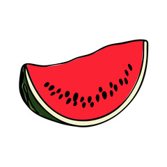 Slice of ripe, fresh, juicy watermelon fruit isolated on a white background with red, green, and black seeds