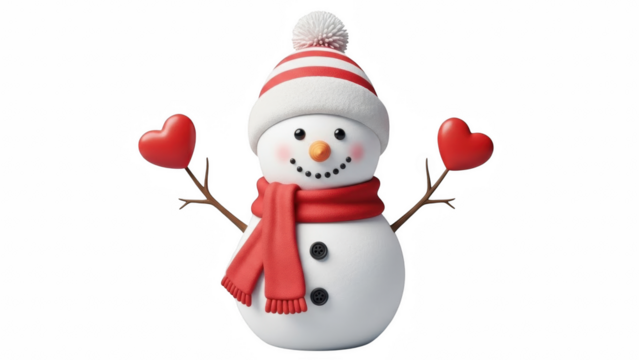 A snowman with a red and white hat and scarf holding hearts on a black background illustration on transparent background