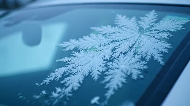 Intricate frost patterns resembling a snowflake form on a car windshield during winter