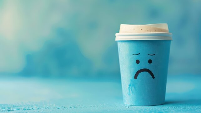 Blue monday concept with sad face coffee cup on light blue background. Horizontal banner. Copy space. Saddest, depressing day. Seasonal depression, mental health concept